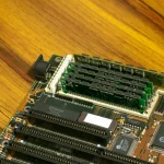 Close-up of RAM memory chip components inside a computer device