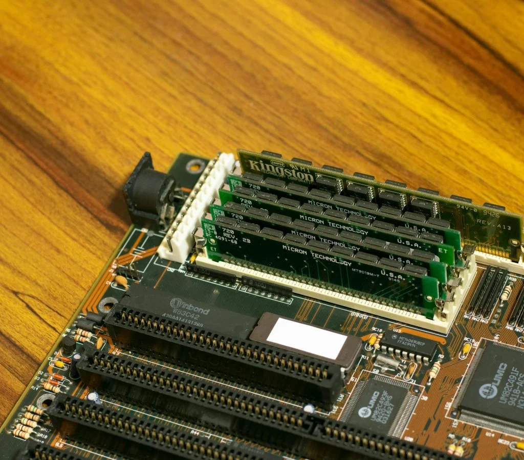 Close-up of RAM memory chip components inside a computer device