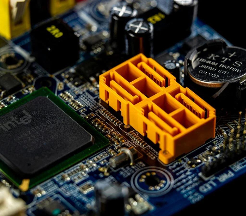 Close-up of a CPU chip on a motherboard